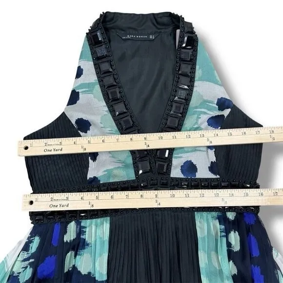 Zara Beaded Silk Pleated Multi Pattern Fit‎ Flare Halter Dress Black Teal Medium - Image 14