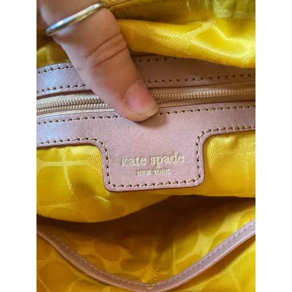 Kate Spade Yellow Nylon Shoulder Purse Hand Bag Brown Leather Trim Zip Top - Image 10