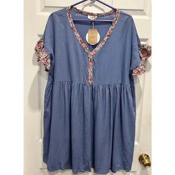 NWT Umgee USA Blue Floral Trim V Neck Button Front Babydoll Dress Size L Boho‎ - Image 4