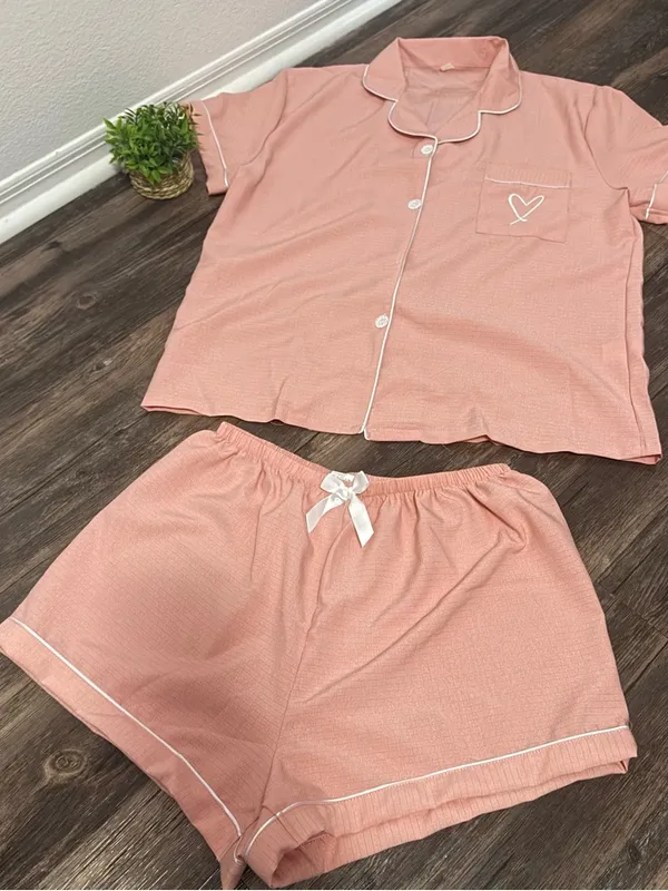 SHEIN Pink Short Sleeve Pajama Set with White Piping - Image 2