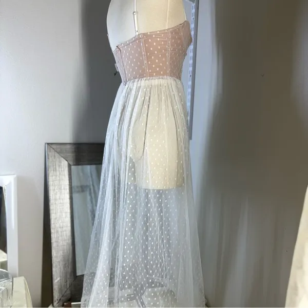 White Fox Boutique Strapless maxi sheer Dress in Pink and White - Image 11