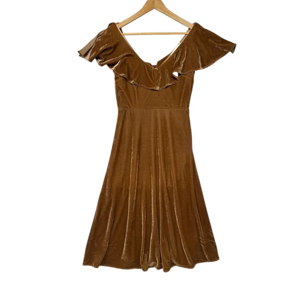 Line Dot Brown Velvet Ruffle Midi‎ Dress Winter Feminine Cocktail Holiday S - Image 6