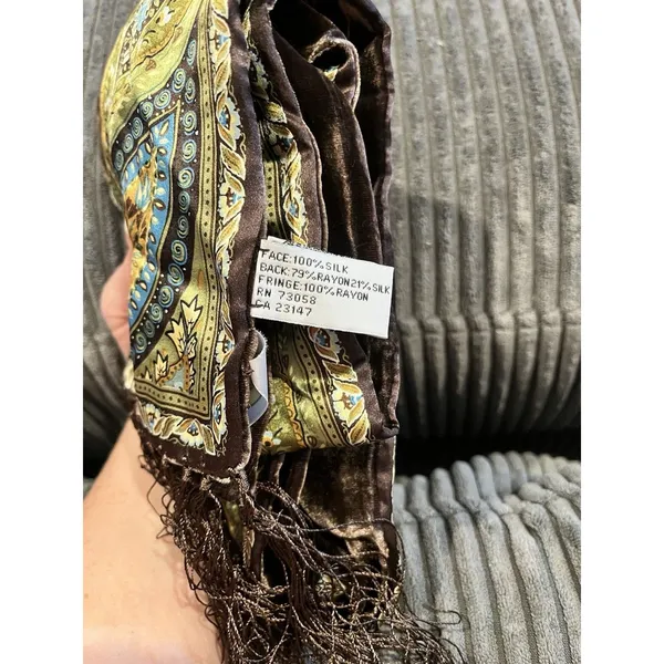 Vintage Talbot's Silk Scarf - Fringed, Green Brown Paisley, 61 inches long - Image 10