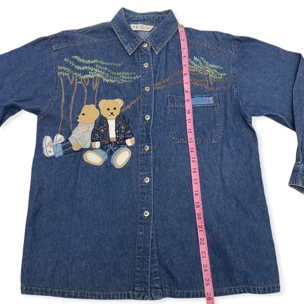Vintage Embroidered Teddy Bear Chambray Denim Button Down Shirt Blue - Image 9