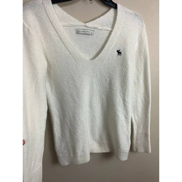 Vintage Abercrombie‎ & Fitch Womens V-Neck Ivory Pullover Small Solid Logo - Image 4