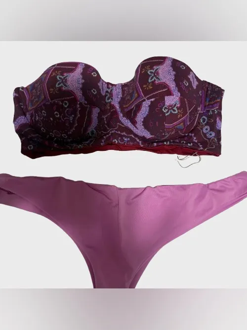 Zinke Plum Patterned Bandeau Top with Pink Bikini Bottom - Image 2