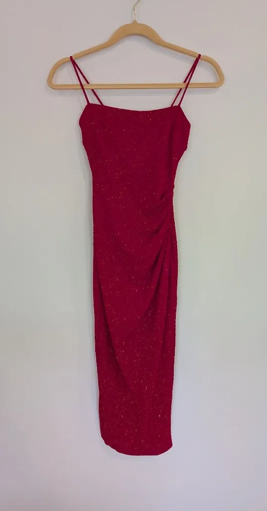 Red Glitter Ruched Strappy Bodycon long Dress Sleeveless Pullover Women XS - Image 4