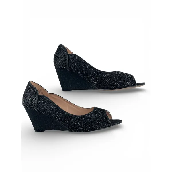 De Blossom Collection Black Rhinestone Glitter Peep Toe Wedge Heels Size‎ 9 - Image 2