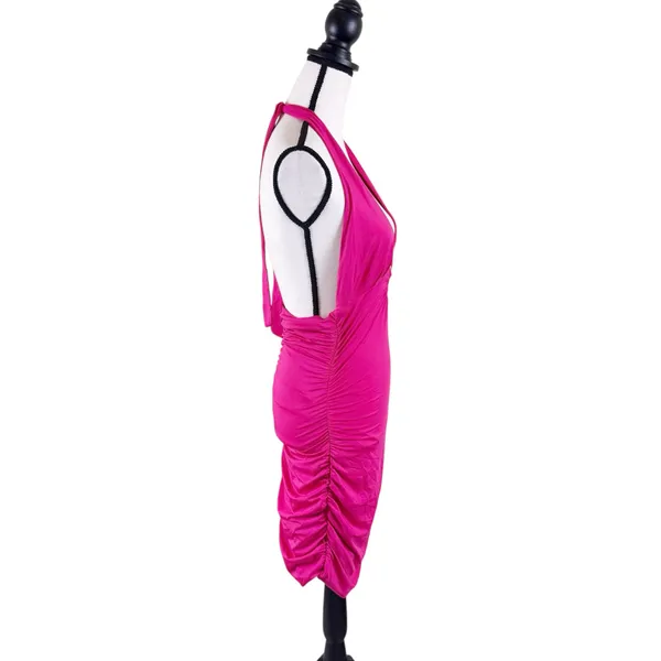 Amazon Hot Pink Halter Ruched Bodycon Dress Silver Ring Detail Size Medium - Image 4