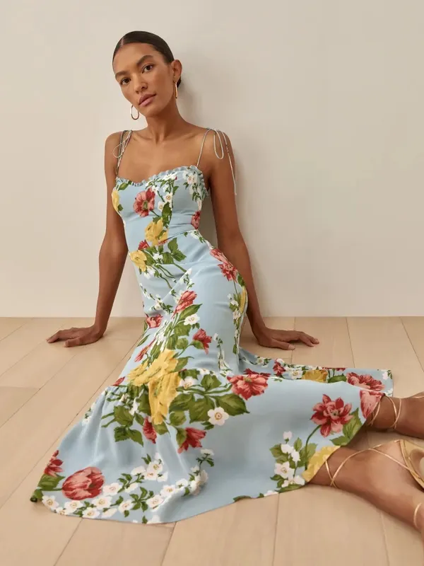 Reformation Enya Floral Ruffle Light Blue Midi Dress - Image 9
