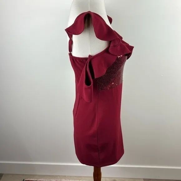 NaaNaa Burgundy Sequin Ruffle Off Shoulder Bodycon Mini Dress Size 10 - Image 12
