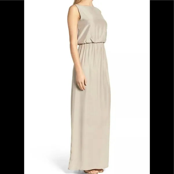 Natalie Deayala drape back silk column dress. NWT Tan - Image 6