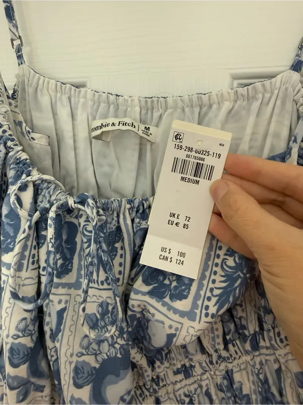Abercrombie & Fitch Smocked Tie-Front Maxi Dress in Blue White Tile Stamp Medium - Image 5