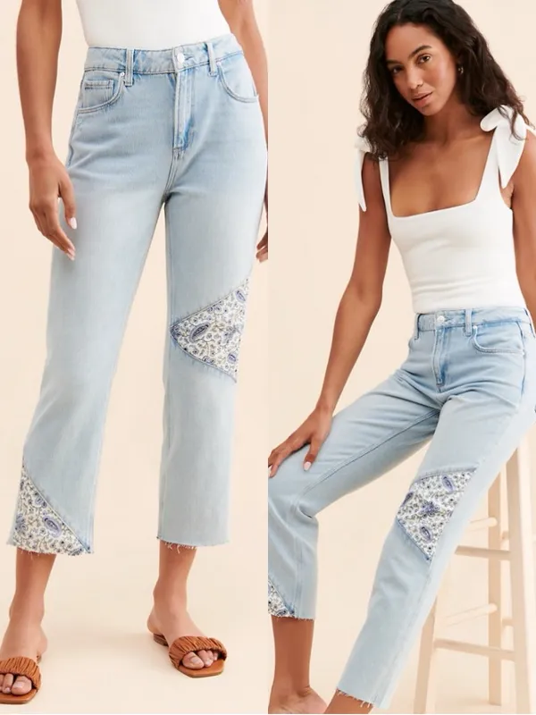 PAIGE Noella Light Blue Patchwork Cropped Raw Hem Jeans Sz 29 🧡🍄 - Image 2
