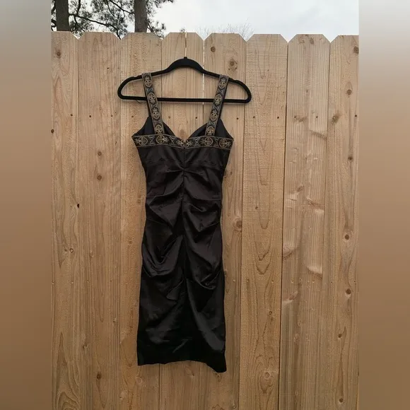 CACHE 2 Black Gold Cocktail Party Body con Dress‎ Stretch Satin Embroidered - Image 5