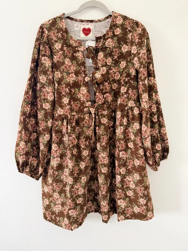 Bohme LovLov Beatrice Corduroy Brown Floral Mini Dress size large - Image 3