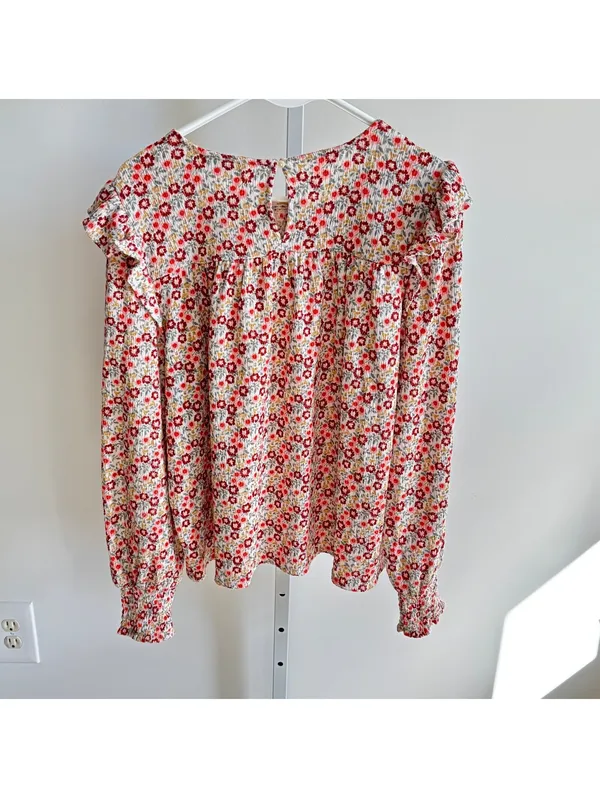 Loft EUC Women's Red Yellow Floral Smocked Ruffle Shoulder Knit Blouse Size L - Image 6