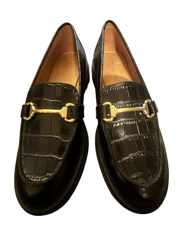 Madewell Bradley Size 7 Lugsole Loafer Croc Embossed Black Gold Horse bit - Image 4