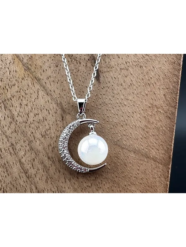 Silver Crescent Moon Pendant Necklace with Pearl Accent - Image 2