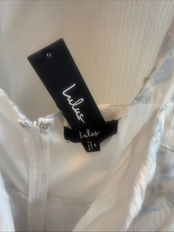 Lulu's White Midi Dress with Pale Blue Floral Print and Tie Shoulders - Image 3