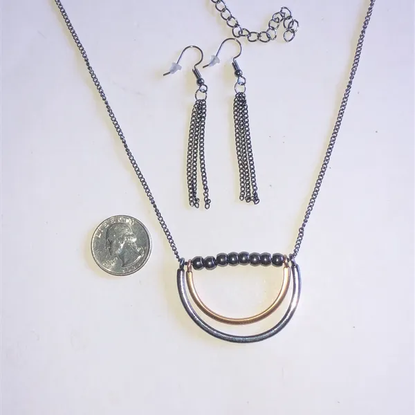 Dark Metal Two-Tone Half-Circle Pendant Necklace & Tassel Earring Set - Image 3