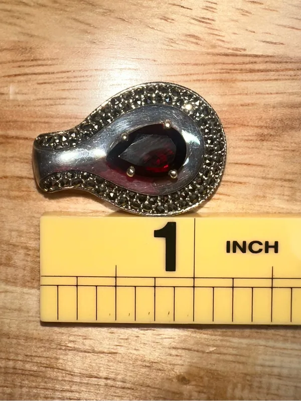 BOMA Sterling Silver Red Garnet Marcasite Pear Teardrop Pendant 1.25" / 12.35g - Image 9