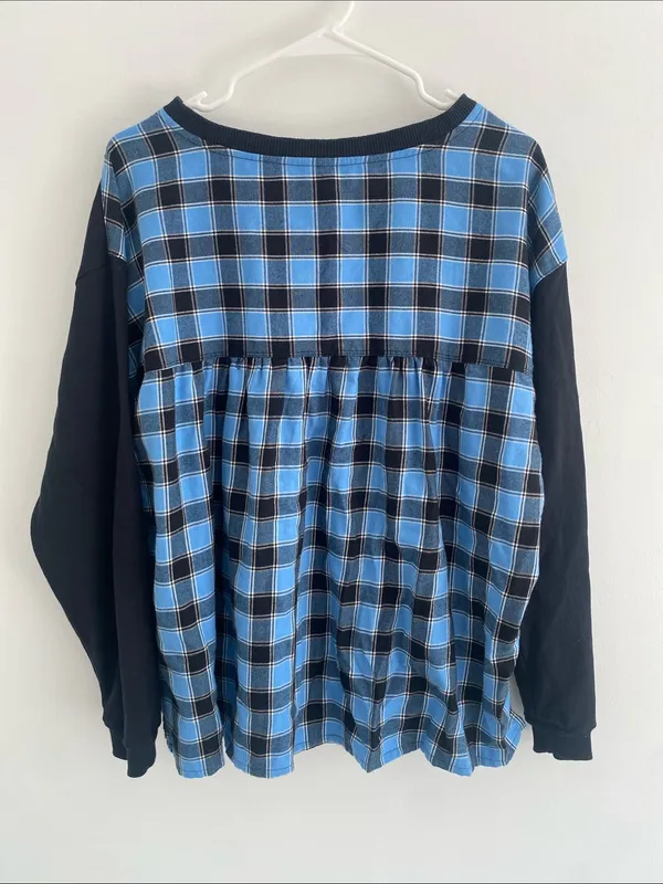 Anthropologie Pilcro Crew Neck Sweatshirt Tartan Swing Back Top Black Blue LARGE - Image 2