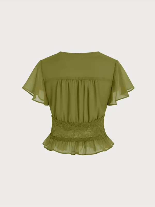 Rihoas Green V Neck Ruched Blouse - Image 7