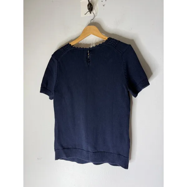 Brooks Brothers Navy Blue Cable Knit Short Sleeve Sweater Scallop Trim Large - Image 2