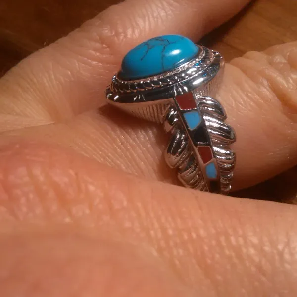 Blue Howlite and Enameled Feather Stainless Steel Ring (Size 7) - Image 9