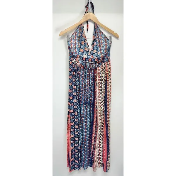 Raga Blue Red Patchwork Boho Halter Neck Side Slit Maxi Dress Size Small - Image 3