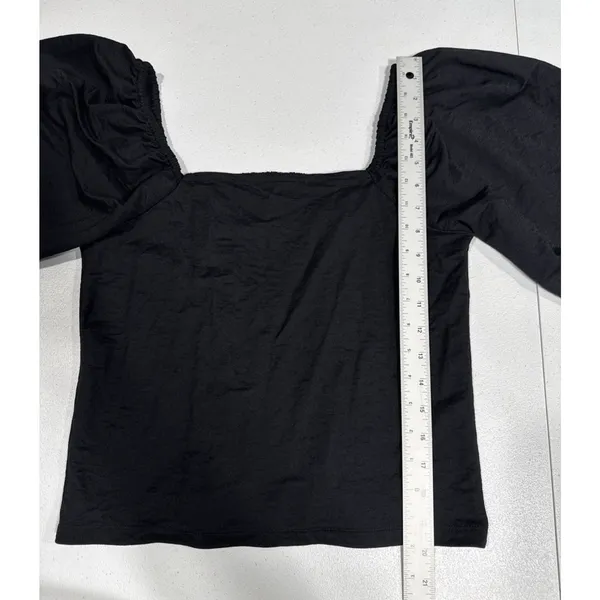 Ann Taylor Top M Black Square Neck Puff Sleeve Back Shirred Blouse Feminine - Image 9