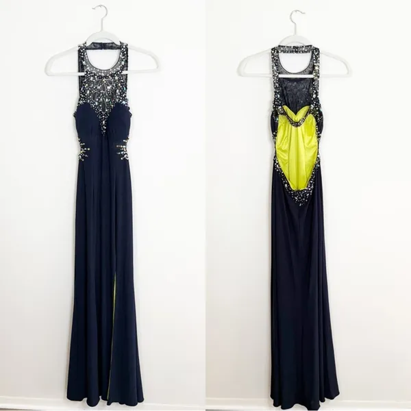 Betsey and Adam Navy Blue Yellow Beaded Maxi Dress Size 2 - Image 3