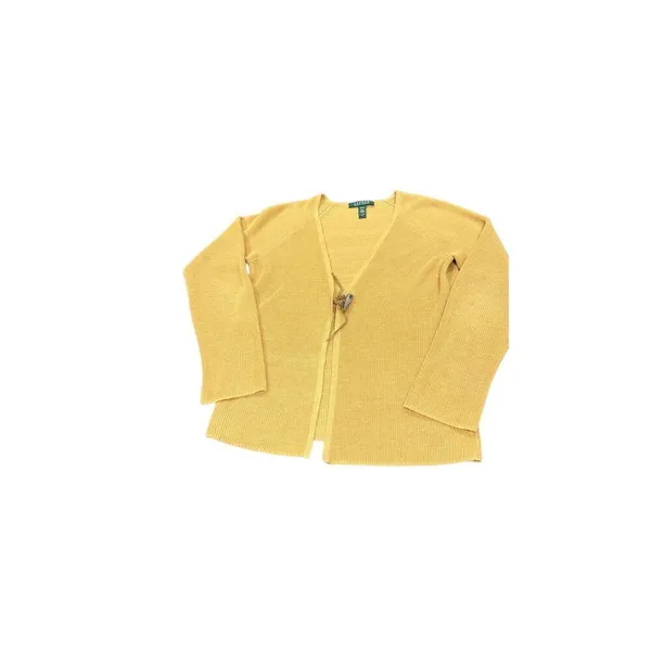 Lauren Ralph Lauren Yellow 100% Linen Knit Cardigan Sweater Women's Size M - Image 5