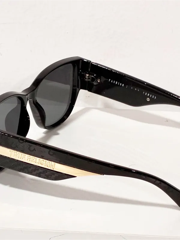TRUE RELIGION Cat Eye Sunglasses Acetate Black Gold Embossed - Image 2