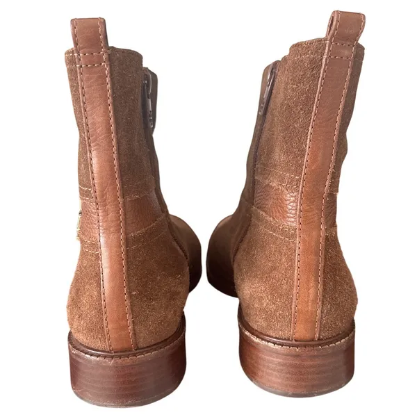 Tory Burch Alaina Suede Pebbled Leather Logo Ankle Booties Cognac Tan 9 - Image 5