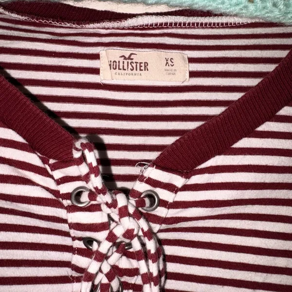 Hollister Maroon & White Striped Lace-Up Long Sleeve Top - Image 2