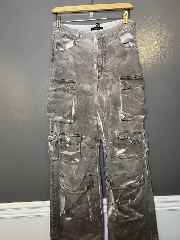 Forever 21 Custom Bleach Dye Womens Medium Gray Cargo Wide Leg Denim Streetwear - Image 2