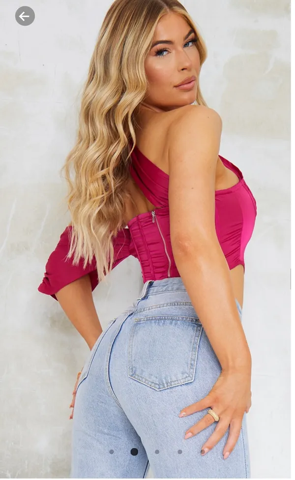 Hot Pink Textured Satin Draped One Shoulder Corset - Image 2