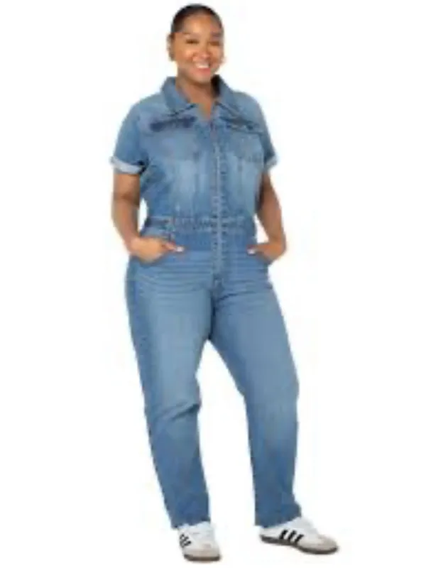 Celebrity Pink Light Blue Denim Short-Sleeve Jumpsuit - Image 2