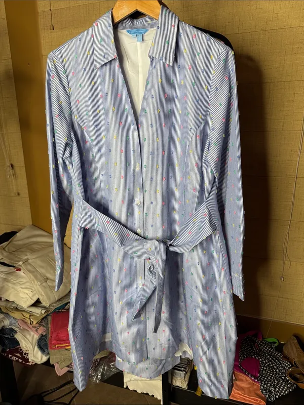Draper James Blue Striped Embroidered Belted Shirt Dress Size Large - Image 2