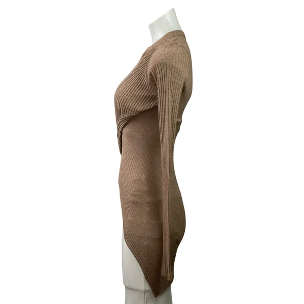 Alix NYC Beige Ribbed Knit Long Sleeve Twist Front Asymmetric Blouse Top Size S - Image 2