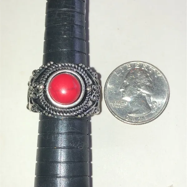 Silver Tone Bohemian Ring with Red Faux Stone - Image 4