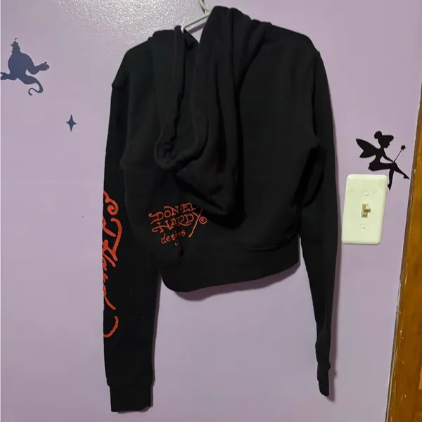 Ed Hardy cropped Black Hoodie with Skull and Wings Design - Image 3