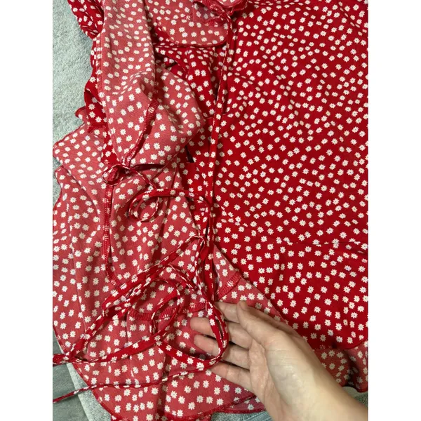 H&M Size Medium Red White Floral Wrap Mini Dress Lightweight Adjustable‎ Spring - Image 7