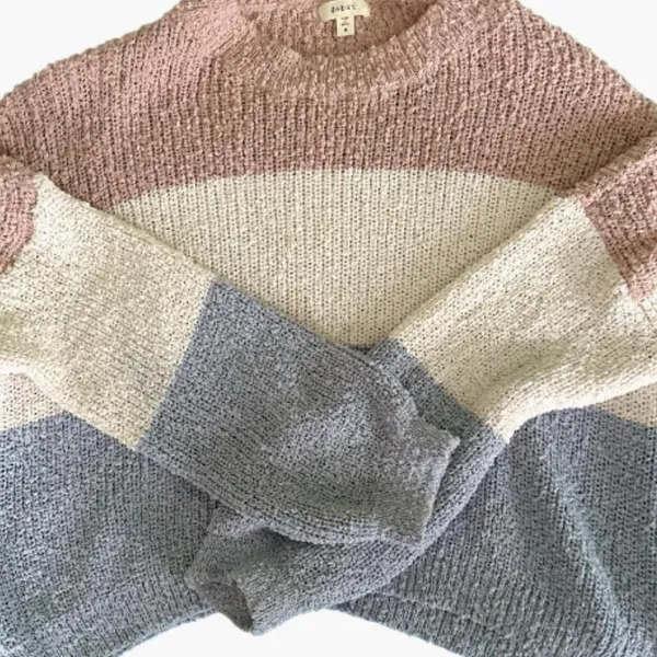 Debut Neutral, Ivory White, and Blue Colorblock Crew Neck Knit Sweater - Image 4
