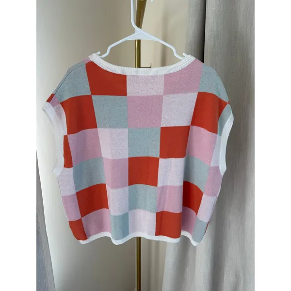 Knit Vest Women's Size XL Pink Colorblock Checkered Sleeveless Coastal Grandma - Image 3