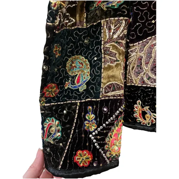 Vintage Velvet Patchwork Embroidered Jacket Black Size M - Image 11