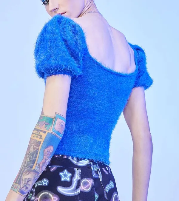 Dolls Kill Blue fuzzy sweater puff short sleeve top never worn - Image 2