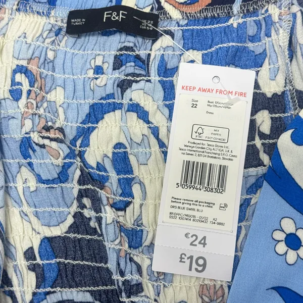 NWT F&F Blue Swirl Paisley Square Neck Smocked Mini Dress Women's‎ US 18 Floral - Image 6